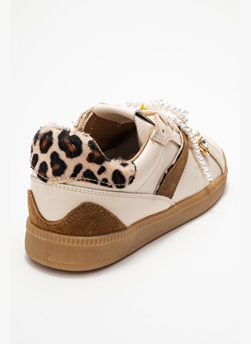 TAREN Bej Hakiki Deri İnci Tokalı Kadın Günlük Spor Ayakkabı - Görsel 6