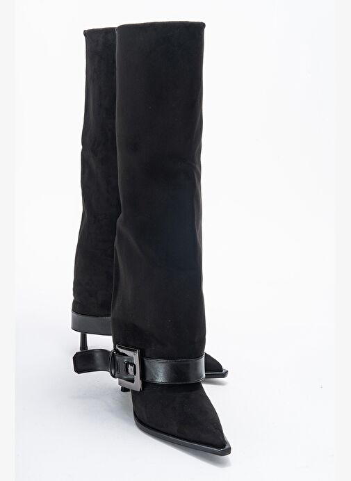 ELVA Siyah Süet Kemer Tokalı Kadın İnce Topuklu Çizme - Görsel 2