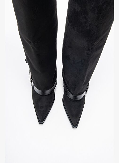 ELVA Siyah Süet Kemer Tokalı Kadın İnce Topuklu Çizme - Görsel 3