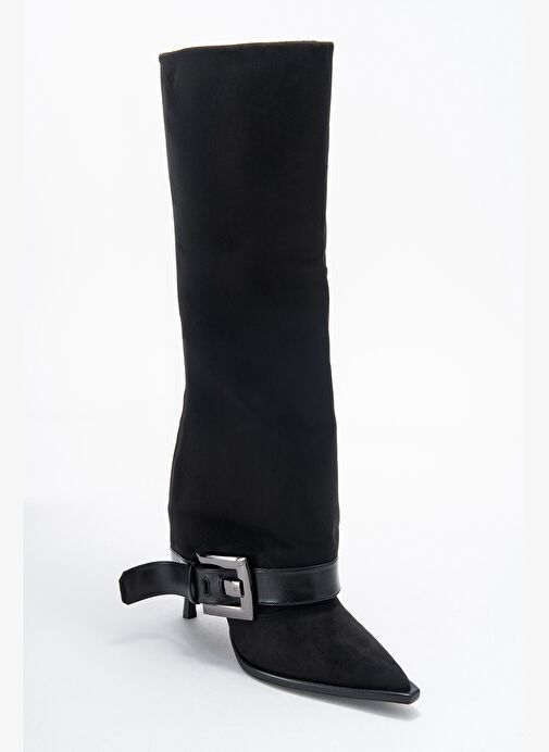 ELVA Siyah Süet Kemer Tokalı Kadın İnce Topuklu Çizme - Görsel 4