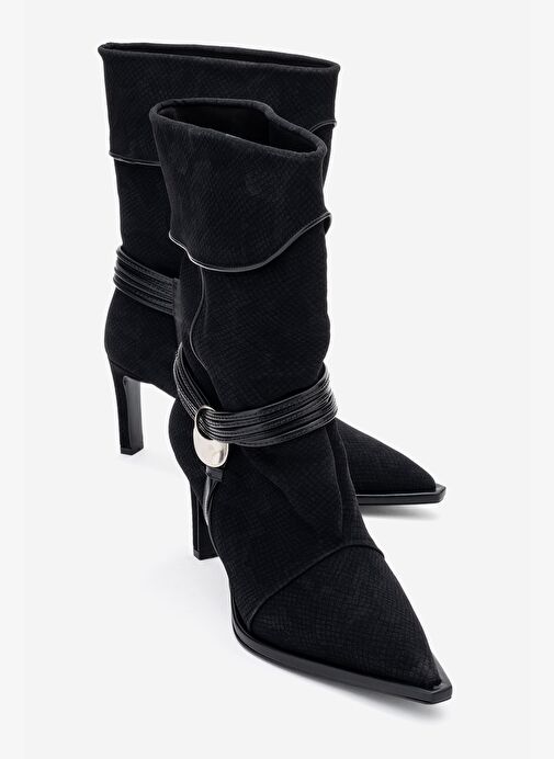 MYRA Siyah Desenli Biyeli Tokalı Kadın Topuklu Bot - Görsel 2