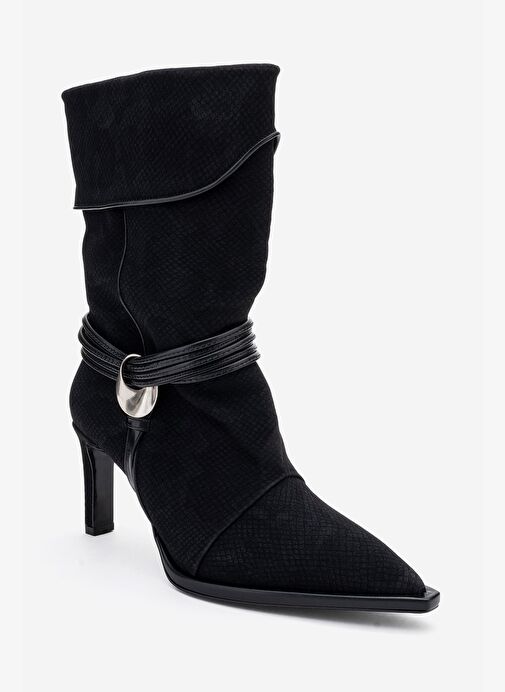 MYRA Siyah Desenli Biyeli Tokalı Kadın Topuklu Bot - Görsel 4