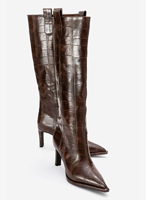 LUNELLE Kahverengi Baskı Sivri Burunlu Kadın Topuklu Çizme - Görsel 2