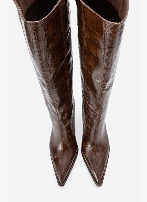 LUNELLE Kahverengi Baskı Sivri Burunlu Kadın Topuklu Çizme - Görsel 4