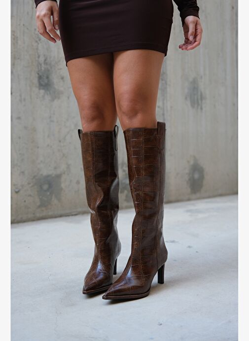 LUNELLE Kahverengi Baskı Sivri Burunlu Kadın Topuklu Çizme - Görsel 9