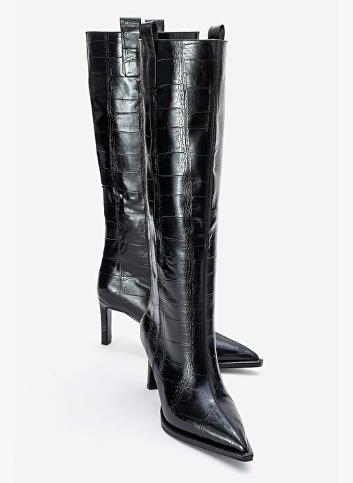 LUNELLE Siyah Baskı Sivri Burunlu Kadın Topuklu Çizme - Görsel 2