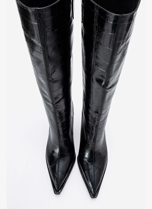 LUNELLE Siyah Baskı Sivri Burunlu Kadın Topuklu Çizme - Görsel 3