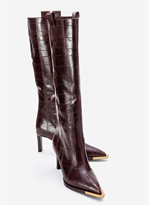 LUNELLE Bordo Baskı Altın Detaylı Sivri Burunlu Kadın Topuklu Çizme - Görsel 2
