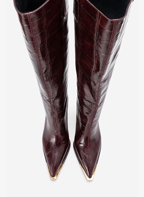 LUNELLE Bordo Baskı Altın Detaylı Sivri Burunlu Kadın Topuklu Çizme - Görsel 3