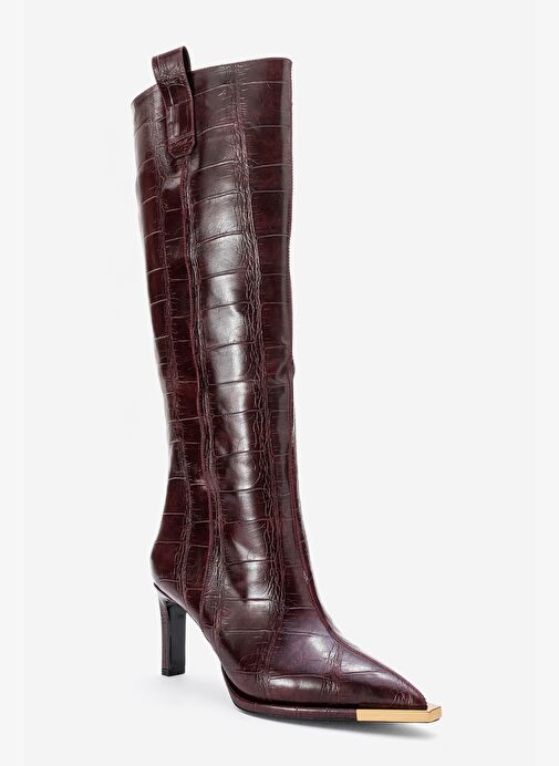 LUNELLE Bordo Baskı Altın Detaylı Sivri Burunlu Kadın Topuklu Çizme - Görsel 4