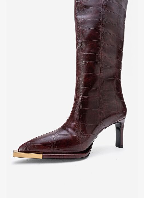 LUNELLE Bordo Baskı Altın Detaylı Sivri Burunlu Kadın Topuklu Çizme - Görsel 5