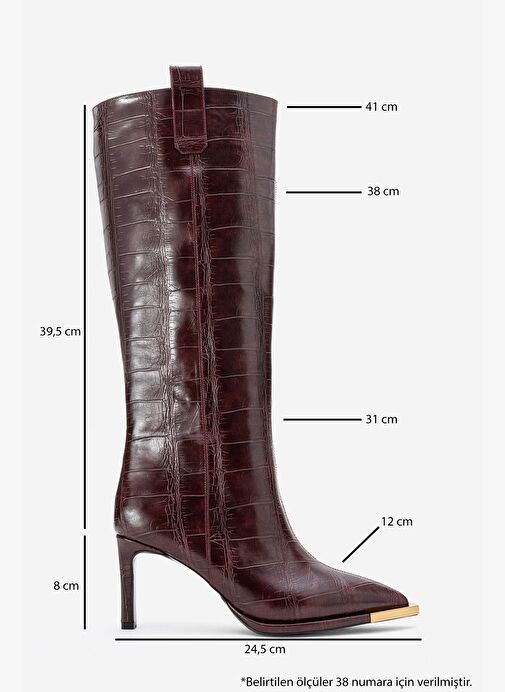 LUNELLE Bordo Baskı Altın Detaylı Sivri Burunlu Kadın Topuklu Çizme - Görsel 7