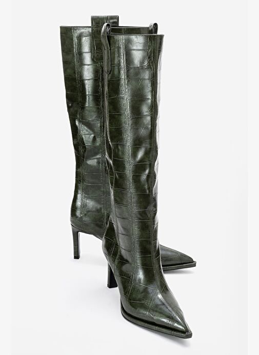 LUNELLE Yeşil Baskı Sivri Burunlu Kadın Topuklu Çizme - Görsel 2