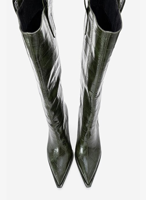 LUNELLE Yeşil Baskı Sivri Burunlu Kadın Topuklu Çizme - Görsel 3