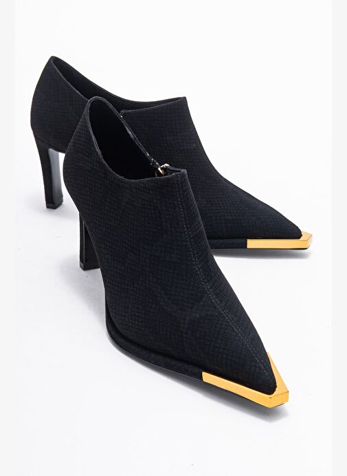 SONA Siyah Desenli Altın Detaylı Fermuarlı Kadın Bilekte Topuklu Ayakkabı - Görsel 2