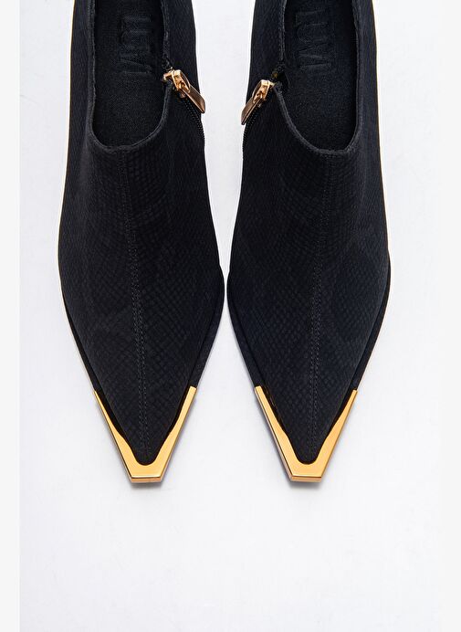 SONA Siyah Desenli Altın Detaylı Fermuarlı Kadın Bilekte Topuklu Ayakkabı - Görsel 3