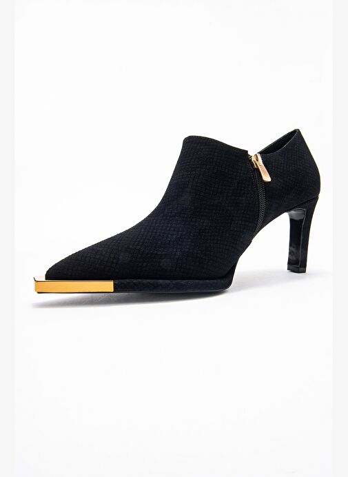 SONA Siyah Desenli Altın Detaylı Fermuarlı Kadın Bilekte Topuklu Ayakkabı - Görsel 4
