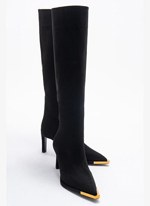 LEXA Siyah Süet Altın Detaylı Sivri Burunlu Kadın Topuklu Çizme - Görsel 2