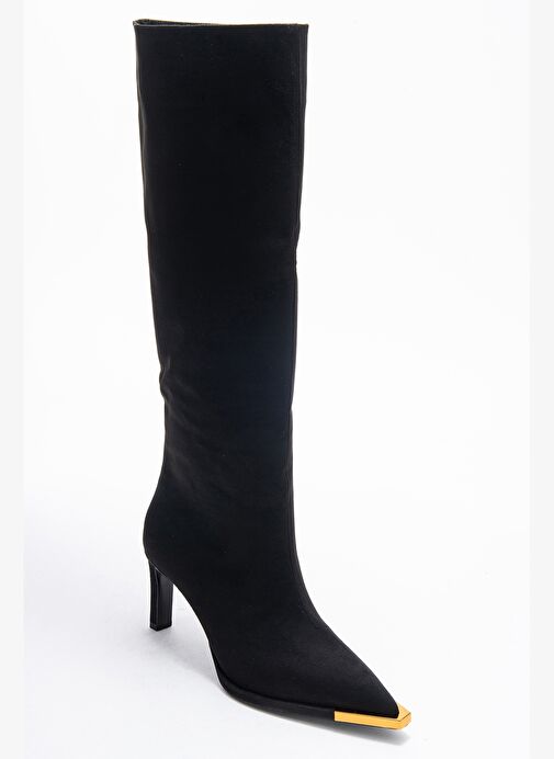 LEXA Siyah Süet Altın Detaylı Sivri Burunlu Kadın Topuklu Çizme - Görsel 4