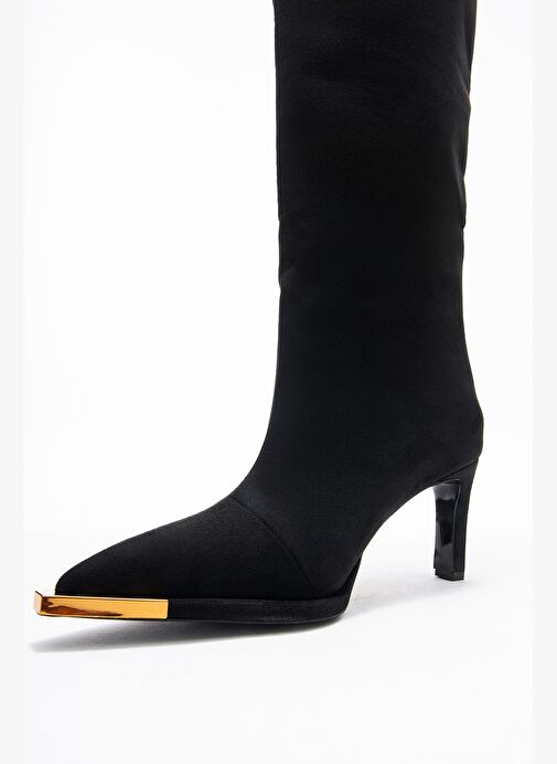 LEXA Siyah Süet Altın Detaylı Sivri Burunlu Kadın Topuklu Çizme - Görsel 5