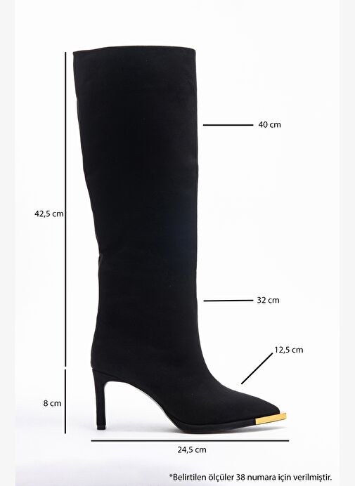 LEXA Siyah Süet Altın Detaylı Sivri Burunlu Kadın Topuklu Çizme - Görsel 7