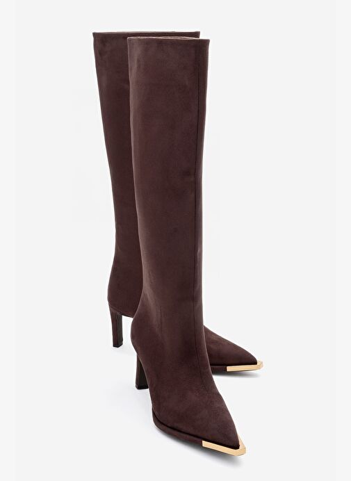 LEXA Kahverengi Süet Altın Detaylı Sivri Burunlu Kadın Topuklu Çizme - Görsel 2
