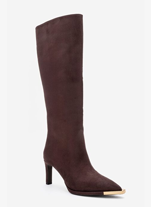 LEXA Kahverengi Süet Altın Detaylı Sivri Burunlu Kadın Topuklu Çizme - Görsel 5