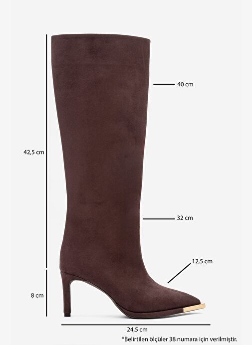 LEXA Kahverengi Süet Altın Detaylı Sivri Burunlu Kadın Topuklu Çizme - Görsel 8