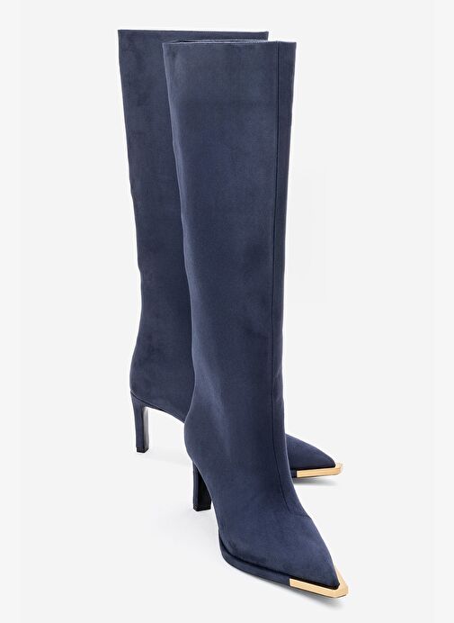 LEXA Lacivert Süet Altın Detaylı Sivri Burunlu Kadın Topuklu Çizme - Görsel 2