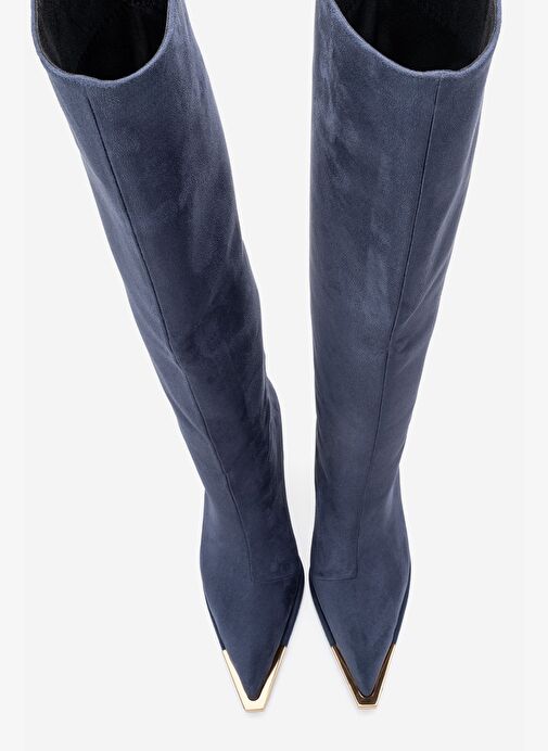 LEXA Lacivert Süet Altın Detaylı Sivri Burunlu Kadın Topuklu Çizme - Görsel 3