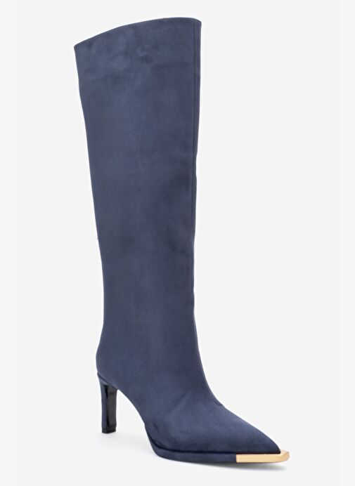 LEXA Lacivert Süet Altın Detaylı Sivri Burunlu Kadın Topuklu Çizme - Görsel 4