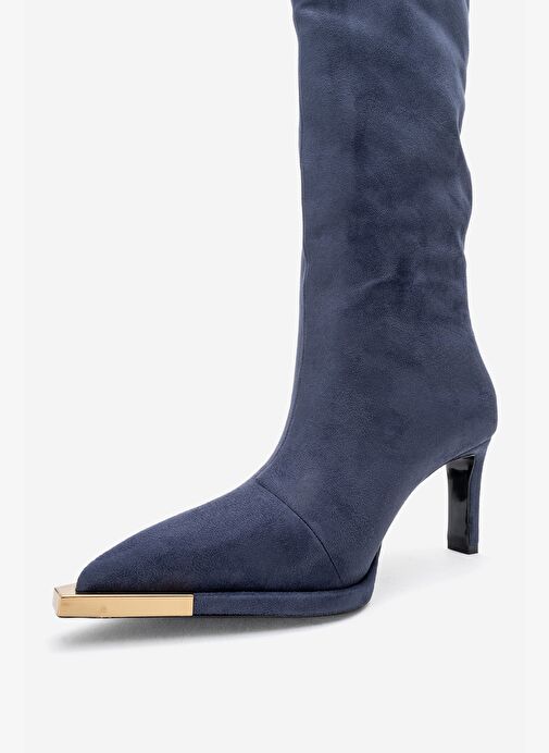 LEXA Lacivert Süet Altın Detaylı Sivri Burunlu Kadın Topuklu Çizme - Görsel 5