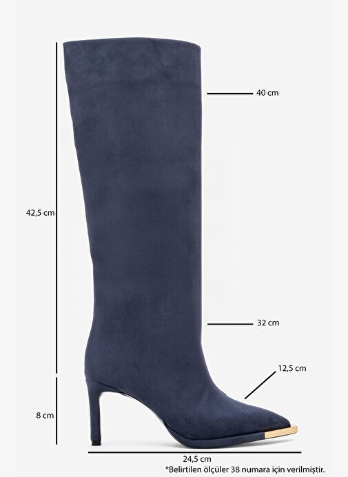 LEXA Lacivert Süet Altın Detaylı Sivri Burunlu Kadın Topuklu Çizme - Görsel 7