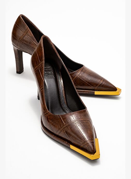 LIORA Kahverengi Baskı Altın Detaylı Kadın Blok Topuklu Topuklu Ayakkabı - Görsel 2