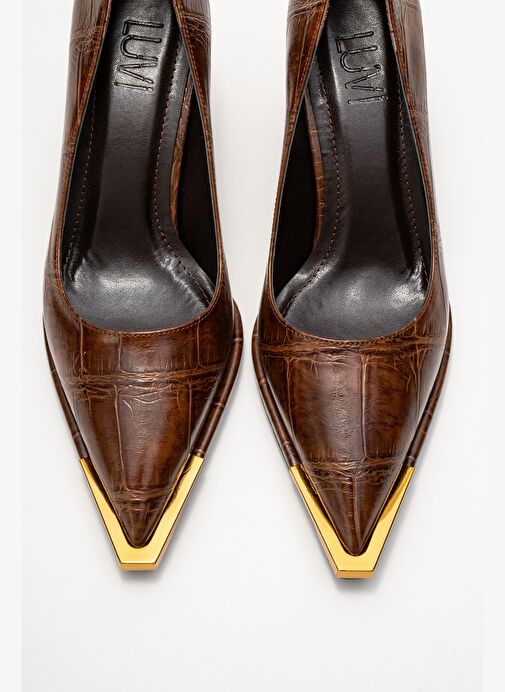 LIORA Kahverengi Baskı Altın Detaylı Kadın Blok Topuklu Topuklu Ayakkabı - Görsel 3