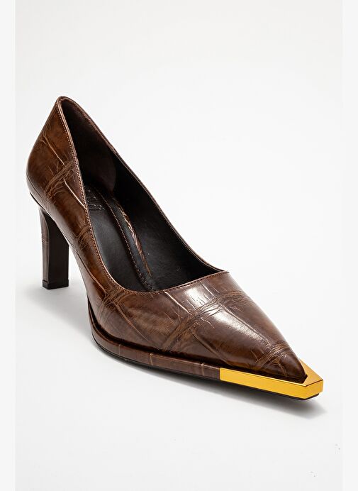 LIORA Kahverengi Baskı Altın Detaylı Kadın Blok Topuklu Topuklu Ayakkabı - Görsel 4