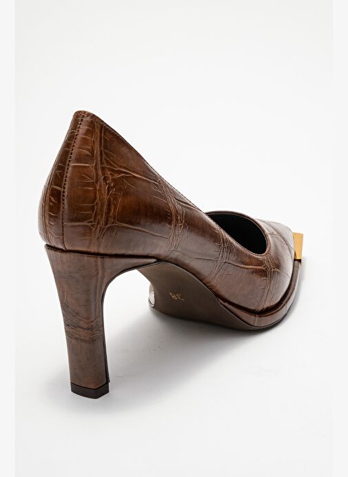 LIORA Kahverengi Baskı Altın Detaylı Kadın Blok Topuklu Topuklu Ayakkabı - Görsel 6