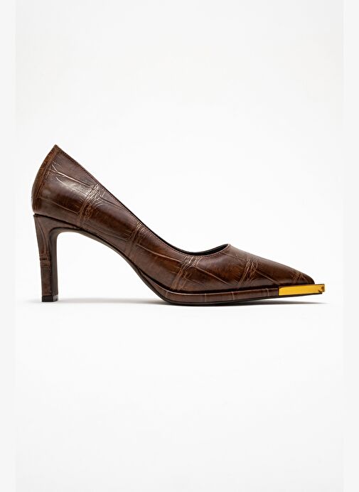 LIORA Kahverengi Baskı Altın Detaylı Kadın Blok Topuklu Topuklu Ayakkabı - Görsel 7