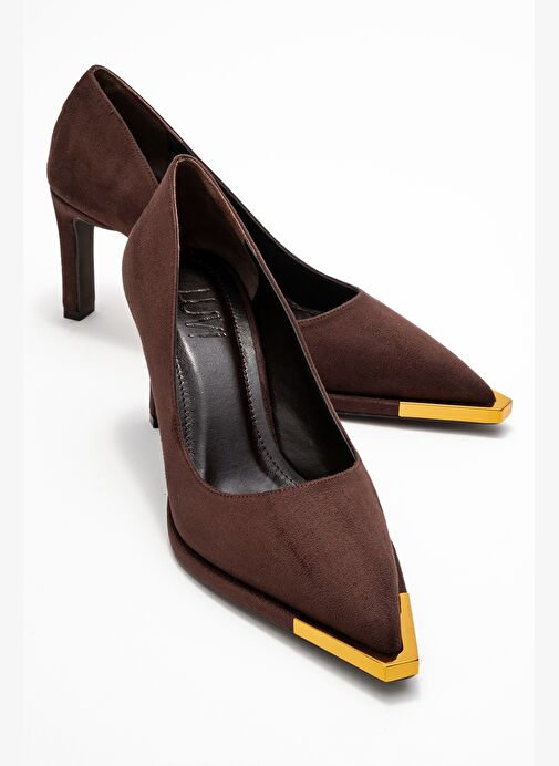 LIORA Kahverengi Süet Altın Detaylı Kadın Blok Topuklu Topuklu Ayakkabı - Görsel 2