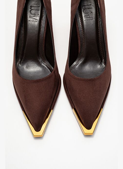 LIORA Kahverengi Süet Altın Detaylı Kadın Blok Topuklu Topuklu Ayakkabı - Görsel 3