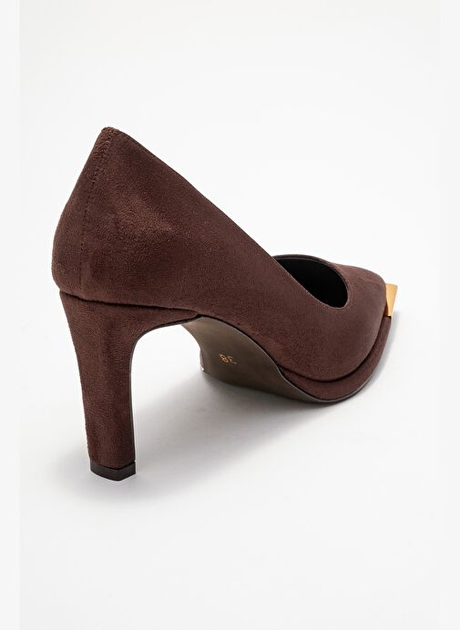 LIORA Kahverengi Süet Altın Detaylı Kadın Blok Topuklu Topuklu Ayakkabı - Görsel 6