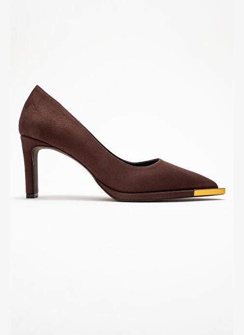 LIORA Kahverengi Süet Altın Detaylı Kadın Blok Topuklu Topuklu Ayakkabı - Görsel 7