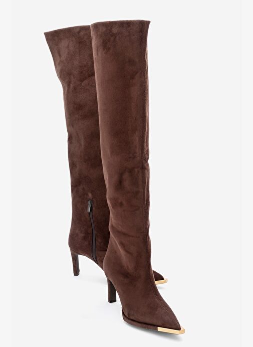 VODY Kahverengi Süet Dizüstü Fermuarlı Kadın Topuklu Çizme - Görsel 2
