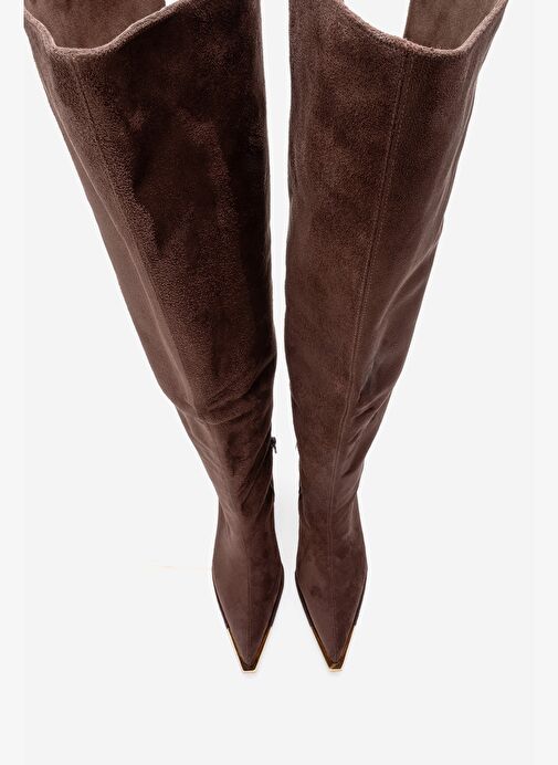 VODY Kahverengi Süet Dizüstü Fermuarlı Kadın Topuklu Çizme - Görsel 3