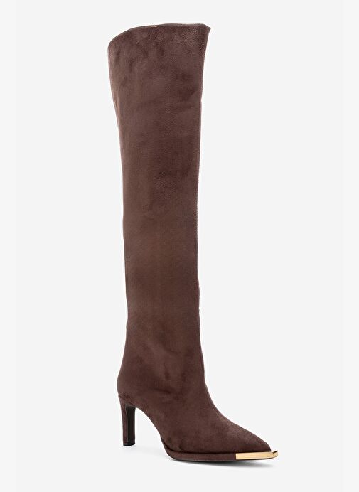 VODY Kahverengi Süet Dizüstü Fermuarlı Kadın Topuklu Çizme - Görsel 4