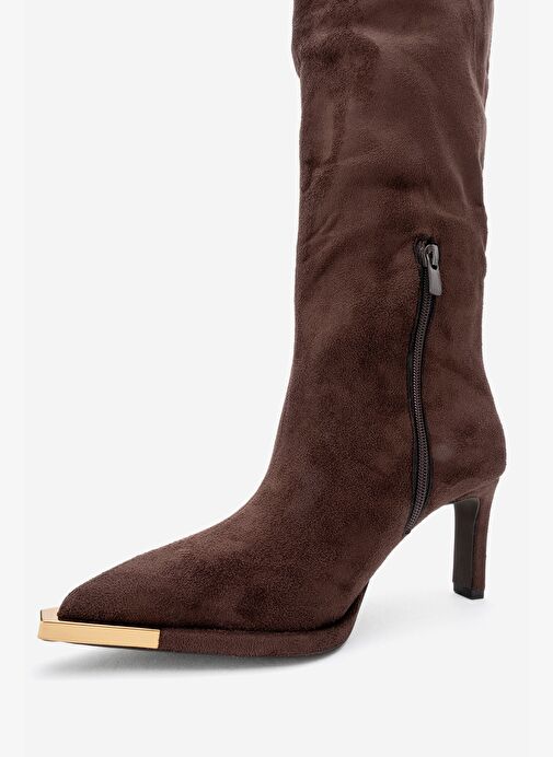 VODY Kahverengi Süet Dizüstü Fermuarlı Kadın Topuklu Çizme - Görsel 5