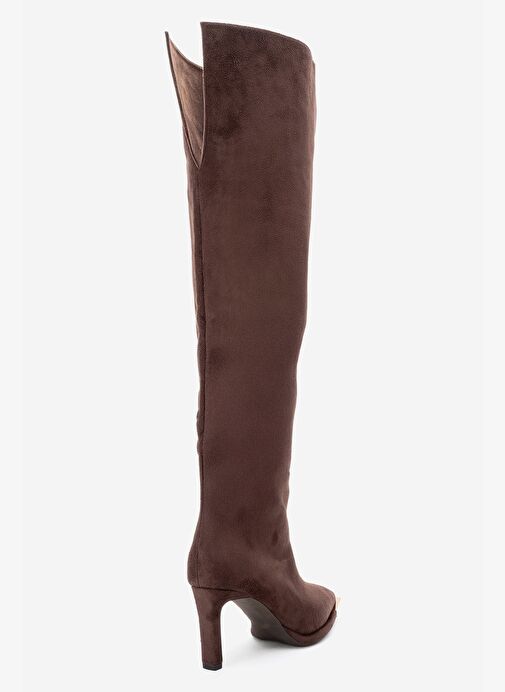 VODY Kahverengi Süet Dizüstü Fermuarlı Kadın Topuklu Çizme - Görsel 6