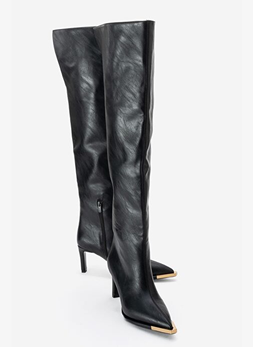 VODY Siyah Cilt Dizüstü Fermuarlı Kadın Topuklu Çizme - Görsel 2