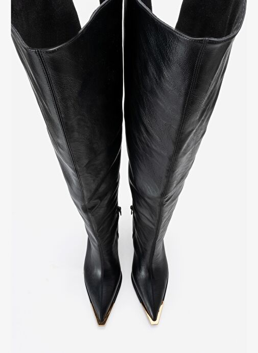 VODY Siyah Cilt Dizüstü Fermuarlı Kadın Topuklu Çizme - Görsel 3