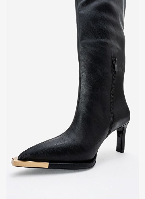 VODY Siyah Cilt Dizüstü Fermuarlı Kadın Topuklu Çizme - Görsel 5